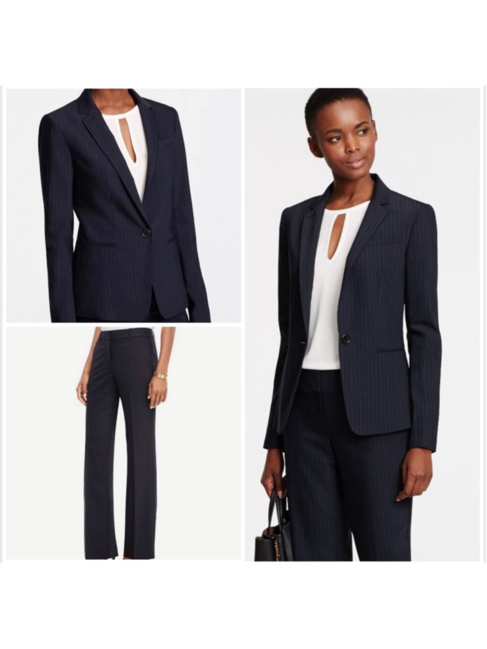 Ann Taylor Pinstripe Suit Blazer and Pants Set, Navy, Size 16